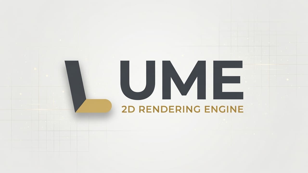 Lume, a 2D rendering engine. Gold-and-charcoal L mark with the LUME wordmark and 2D RENDERING ENGINE subtitle on a cream background.