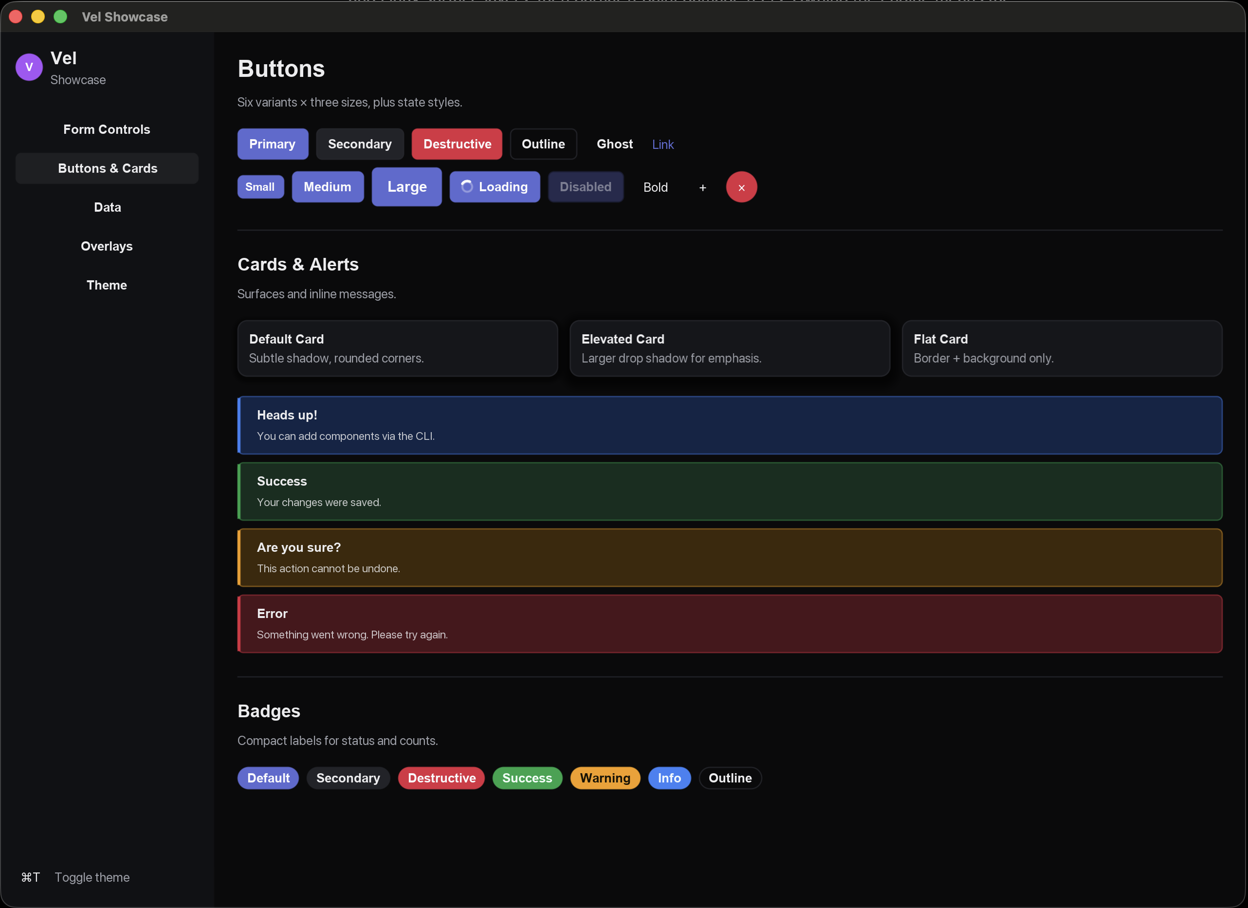 Cards, forms, and overlays from the showcase, all going through Lume's four pipelines.