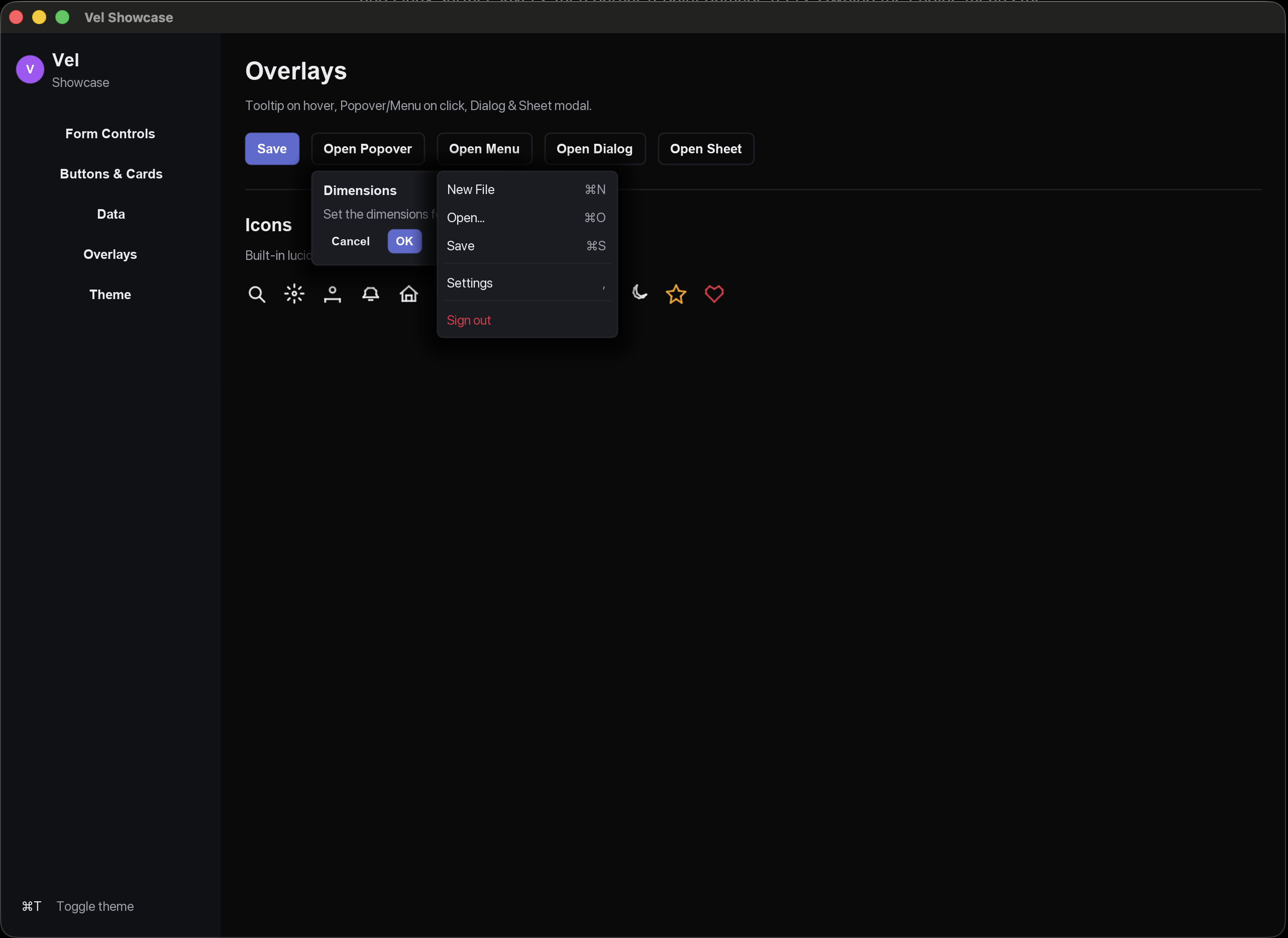 Images, icons, and inputs in the showcase, all decoded through ImageIO and uploaded as wgpu::Texture.