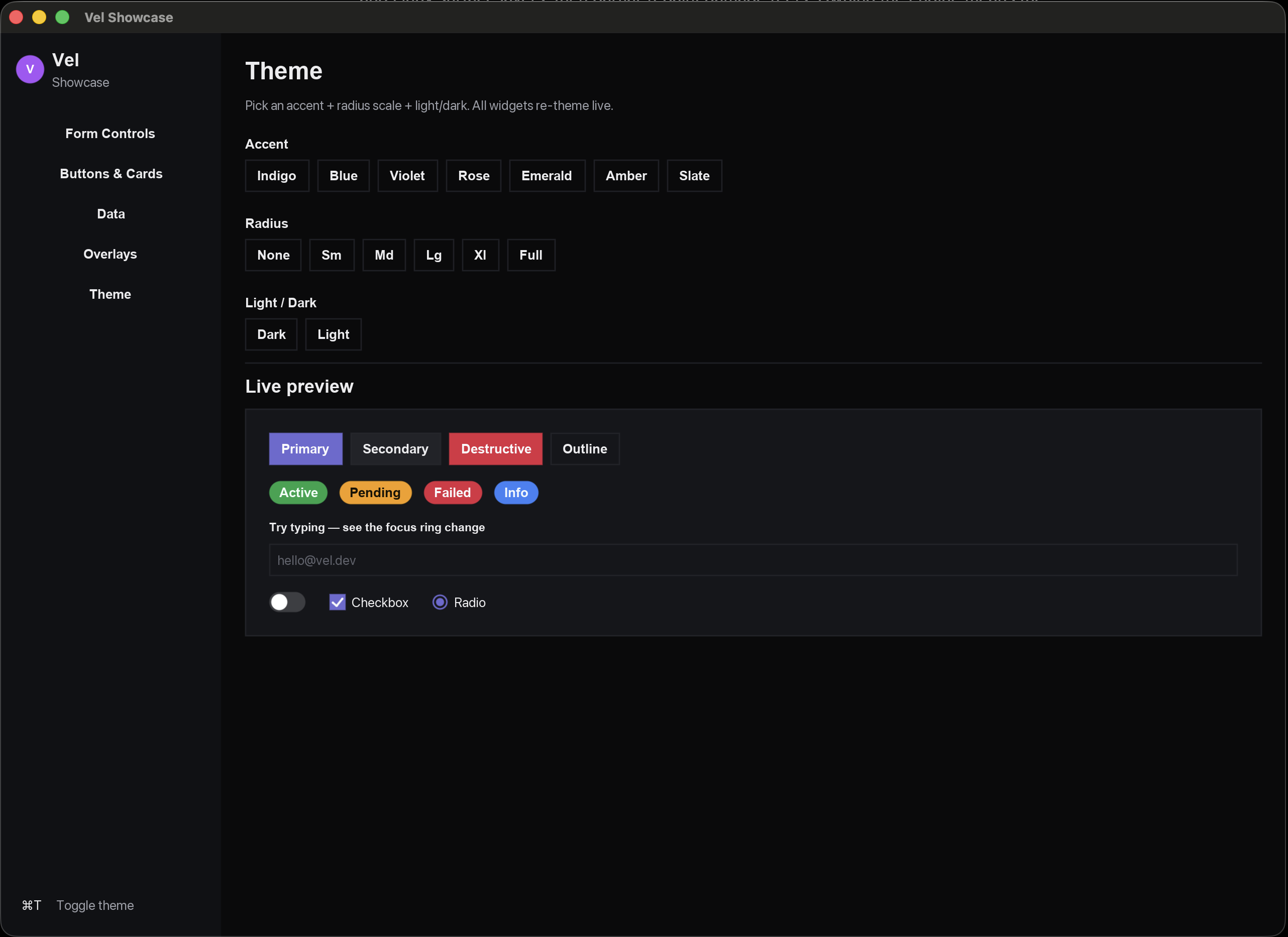 Lume v1, running the full Vel showcase on macOS.